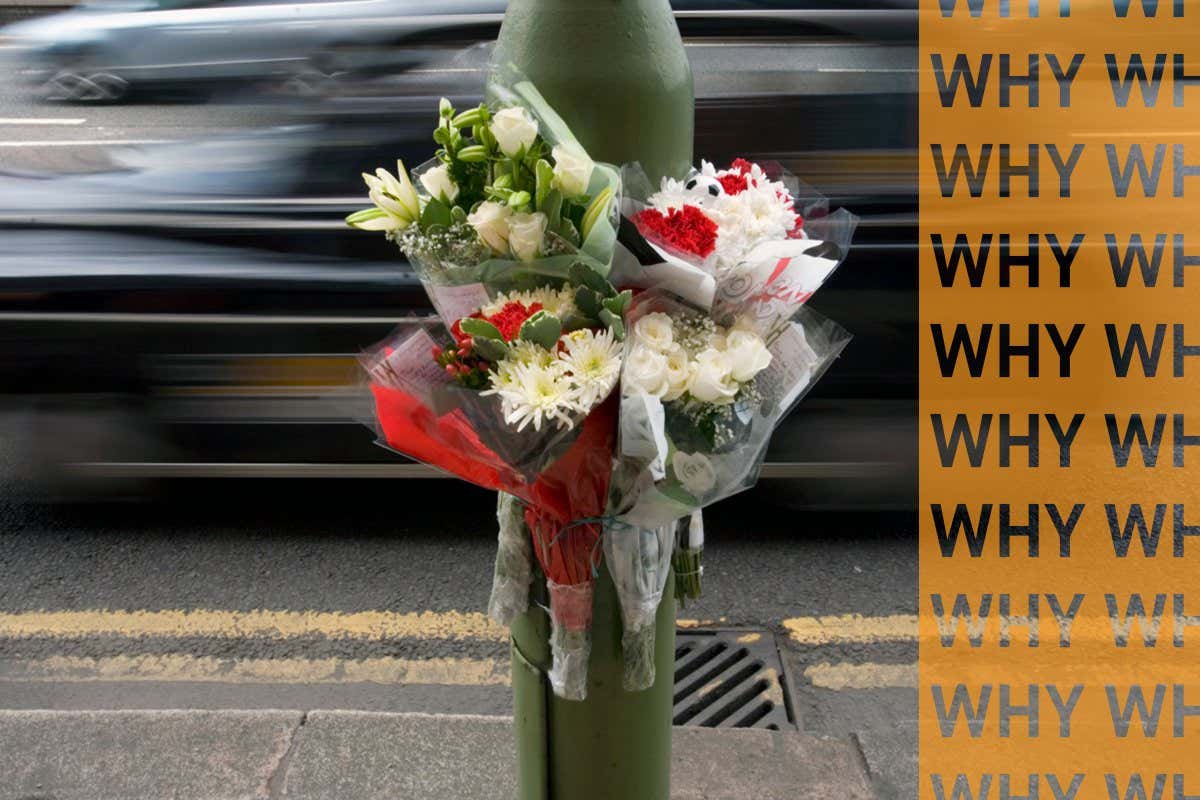 WHY do we grieve? A floral tribute fastened to a lamp post at the scene of a fatal road accident in Birmingam city centre, UK. The flowers were placed there by family and friends of the victim.