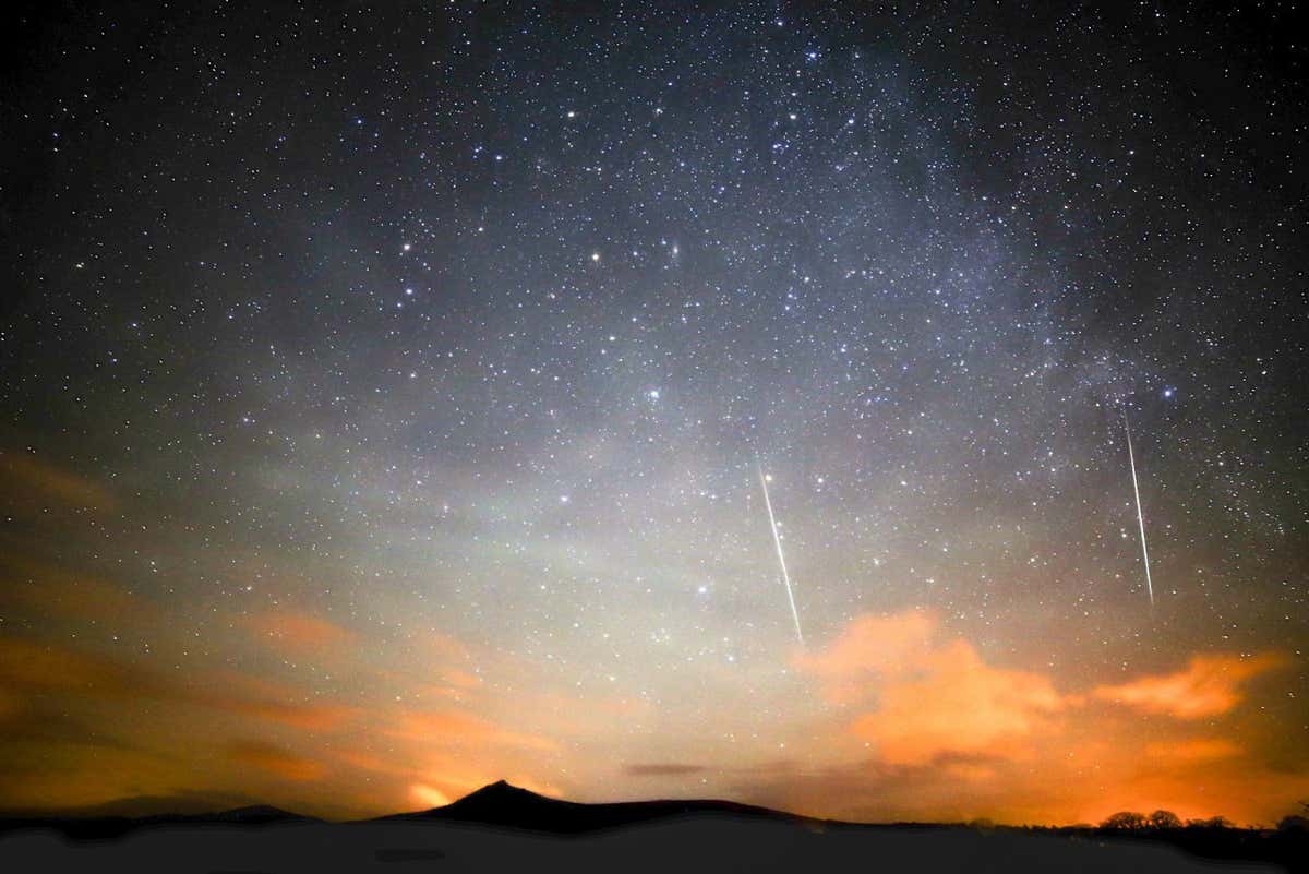 Mandatory Credit: Photo by Graeme Whipps/Shutterstock (4301807b) Pic shows the Geminid meteor shower over Pitcaple in Aberdeenshire on Sunday evening Dec 14th. A Scottish photographer has managed to get some pictures of the Geminid meteor shower on its FINAL night above the UK. Amateur astronomer Graeme Whipps picked up 13 meteors on camera in the dramatic display above Pitcaple in Aberdeenshire last night (Sun). "There was a little bit of airglow, an active burst of aurora, distant lightning flashes and last, but not least, the Geminids," said Graeme, 50, who works as a meteorologist. "It wasn't as bright as the 12th and 13th but they were much more frequent, although mostly short and fast moving." The shower is an annual occurrence which happens when the Earth crosses paths with a trail of rocky debris left behind by an asteroid known as 3200 Phaethon. The debris burns up when it enters the Earth's atmosphere, giving the appearance of a "shooting star." Annual Geminid Meteor Shower, Exeter, Devon, Britain - 14 Dec 2014 A Scottish photographer has managed to get some pictures of the Geminid meteor shower on its FINAL night above the UK. Amateur astronomer Graeme Whipps picked up 13 meteors on camera in the dramatic display above Pitcaple in Aberdeenshire. "There was a little bit of airglow, an active burst of aurora, distant lightning flashes and last, but not least, the Geminids," said Graeme, 50, who works as a meteorologist. "It wasn't as bright as the 12th and 13th but they were much more frequent, although mostly short and fast moving." The shower is an annual occurrence which happens when the Earth crosses paths with a trail of rocky debris left behind by an asteroid known as 3200 Phaethon. The debris burns up when it enters the Earth's atmosphere, giving the appearance of a "shooting star."